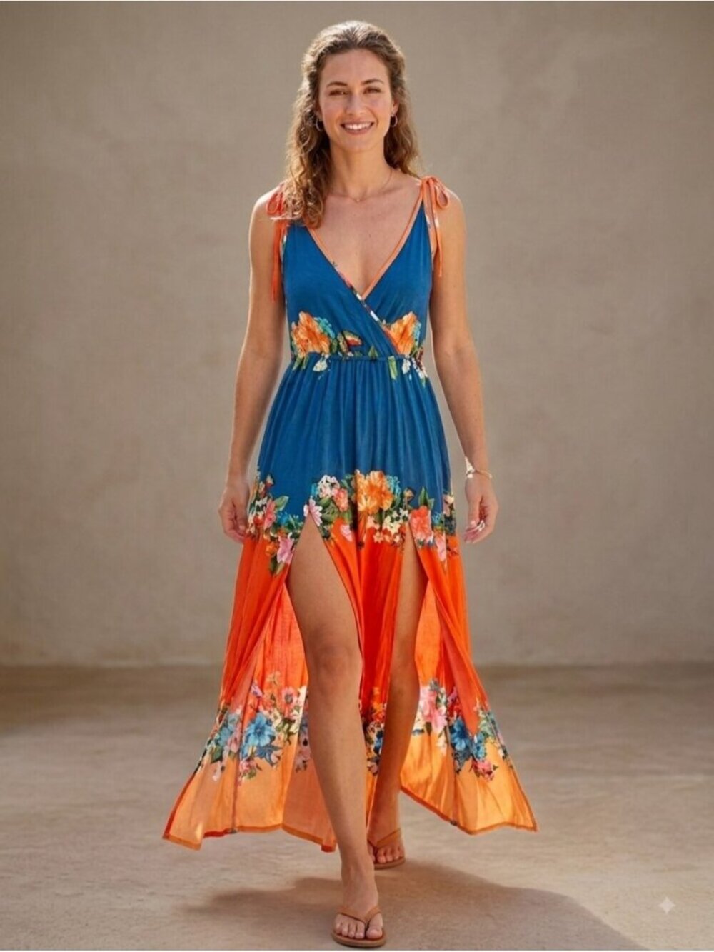 FARM Rio Tropical Colorblock Floral Tie-Strap Maxi Dress - Size M